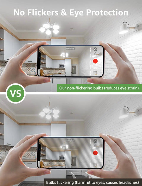 Comparison of flicker-free and flickering LED bulb effect on camera screen, showcasing Best Value Dimmable LED Light Bulbs 60W Equivalent.