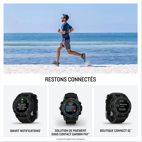 Runner on beach with images of Descent G2 Watch Style Dive Computer With Bright AMOLED Display And Sapphire Lens