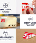 Fragile Stickers 2x3 Inch For Shipping And Moving Glassware Handle With Care Labels on boxes, showing adhesive strength