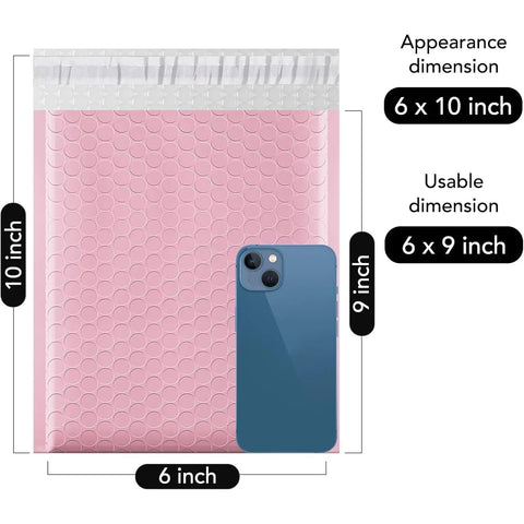 Light Pink Bubble Mailers 6x10 Inches, 100 Pack Self Seal Padded Envelopes With Usable 6x9 Inner Size next to blue phone