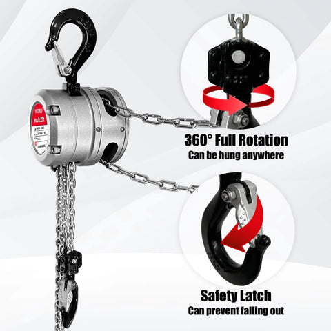 Manual Chain Hoist 0.25 Ton 550 Lbs Capacity 10 Foot Lift 360 Degree Rotatable Chain Block With Dual Safety Hooks