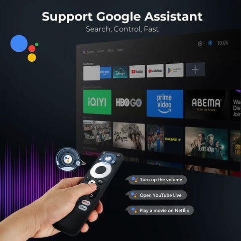 Person holding remote control in front of screen with streaming apps showcasing Outdoor 4K Projector With Built In Google TV And Voice Control