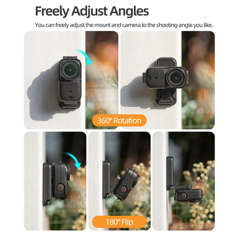 Magnetic Mount Stand For Osmo Nano Camera With 360 Degree Rotation And Vertical Horizontal Adjustable Angles, showing camera position views.