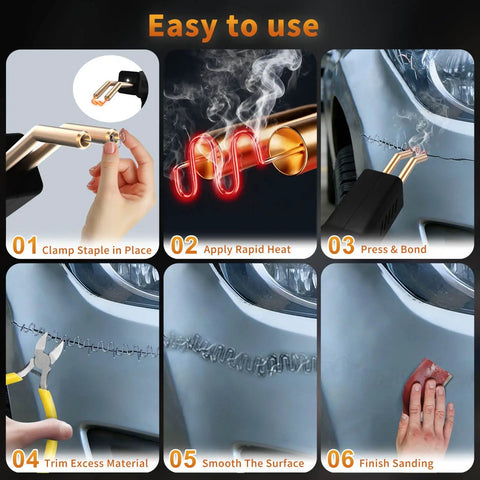 Plastic Welder Kit With 1200 Staples For DIYers - Instant On Off 100W Heat in use for bumper repair process with portable toolbox