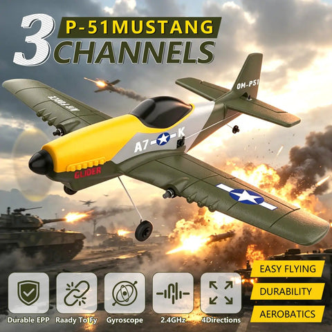 RC plane with 3 channels, yellow nose, military decals, Beginner Friendly RC Plane With 2.4GHz 6 Axis Gyro, outdoor jet, stable flight.