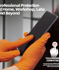 Hella Tough 8 Mil Nitrile Mechanic Gloves With Raised Diamond Texture Heavy Duty Disposable Work Gear Puncture Resistant Grease Slayer Case Of One Hundred Orange Medium finger touching a smartphone.