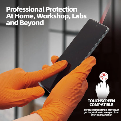 Hella Tough 8 Mil Nitrile Mechanic Gloves With Raised Diamond Texture Heavy Duty Disposable Work Gear Puncture Resistant Grease Slayer Case Of One Hundred Orange Medium finger touching a smartphone.
