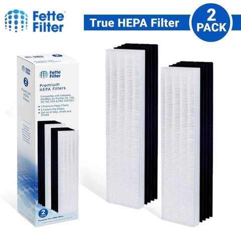 Top Notch True HEPA H13 Replacement Filters For AeraMax 90 100 DX5 DB5, 2 HEPA and 8 Carbon Filters Pack next to product box