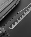 Close-up of Fixed Blade Knife With AUS-10 Steel Full Tang Nylon Fiberglass Handle and Kydex Sheath, durable tactical design.