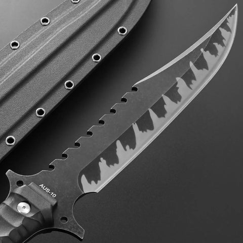 Close-up of Fixed Blade Knife With AUS-10 Steel Full Tang Nylon Fiberglass Handle and Kydex Sheath, durable tactical design.