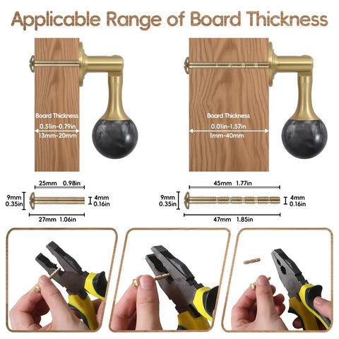Two Pack Brass Cabinet Pulls With Copper Base Tear Drop Knobs showing board thickness and screw length with pliers