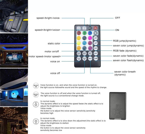 Remote control for Bluetooth 10W Twinkle Fiber Optic Star Ceiling Light Kit with 550 Fibers in car and decor settings.