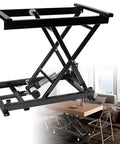 Premium Electric Scissor Lift Table With Remote Control, Solid Steel Metal dining coffee desk in black and gray, viewed from above.
