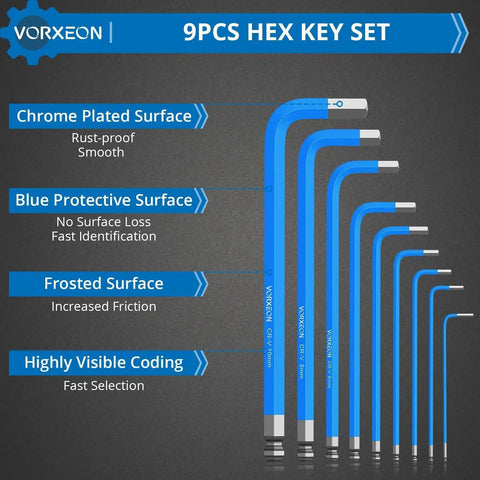 Blue 9 Piece Hex Key Set With Allen Wrenches One Point Five To Ten Mm Metric Long Ball End Flat End L Key CrV And S2 Steel Durable