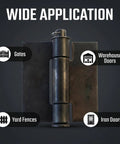 16 Piece Beefy Weld On Hinges Set showing steel hinge with applications for gates, warehouse doors, yard fences, and iron doors.