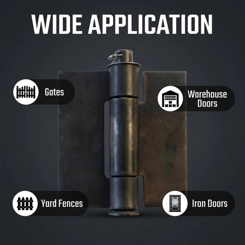 16 Piece Beefy Weld On Hinges Set showing steel hinge with applications for gates, warehouse doors, yard fences, and iron doors.