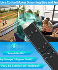 Rechargeable Voice Remote For 2019 To 2026 Smart TVs With USB C Fast Charging And Solar Power Replacement TV Remote With Voice Control No Battery Hassle Durable Build 2 Year Warranty displayed in front of a TV streaming a sports game, showcasing voice commands.