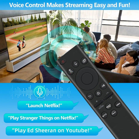 Rechargeable Voice Remote For 2019 To 2026 Smart TVs With USB C Fast Charging And Solar Power Replacement TV Remote With Voice Control No Battery Hassle Durable Build 2 Year Warranty displayed in front of a TV streaming a sports game, showcasing voice commands.
