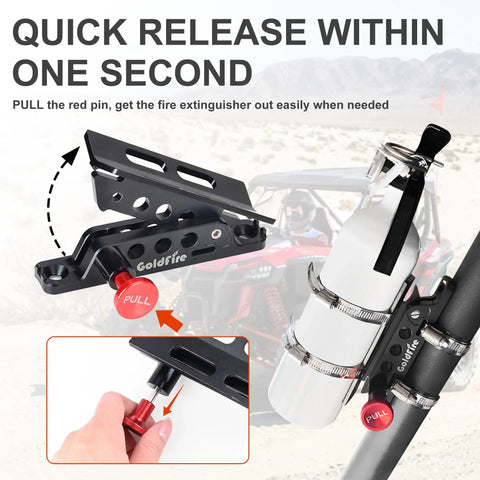 Quick Release Fire Extinguisher Mount for Roll Bars Aluminum Bottle Holder Ready To Grab And Go Easy On Off Adjustable Fit