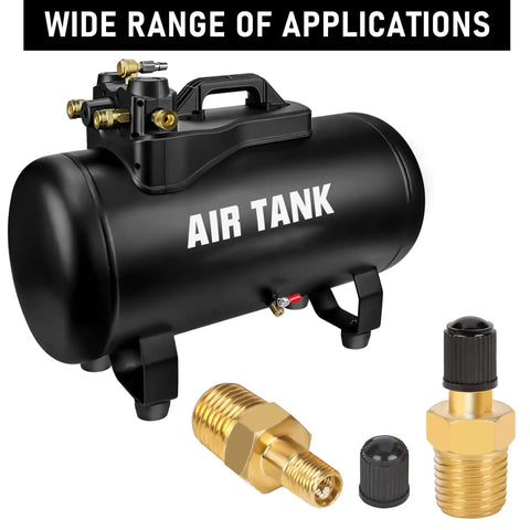 Top Shelf 4 Pack 1/4 Inch NPT Male Thread Brass Tank Valve With Standard Valve Core And Sealing Caps For Air Compressor Inflation Vessel Filling Solid Brass Build Keeps Airtight No Leaky Junk with an air tank and brass fittings.