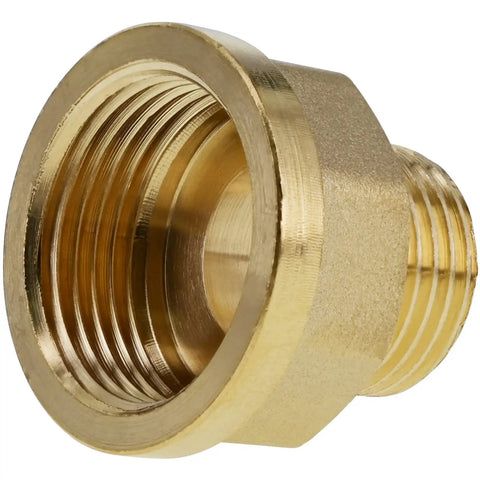 Two Pack Brass Pipe Fittings 1/2 Inch To 3/4 Inch NPT Reducer Adapter Coupler showing 1/2 NPT male to 3/4 NPT female threads