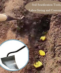 Workhorse Triangle Hoe Garden Tool with Hardened Steel Plow Head in use for soil scarification, labor-saving convenience shown.