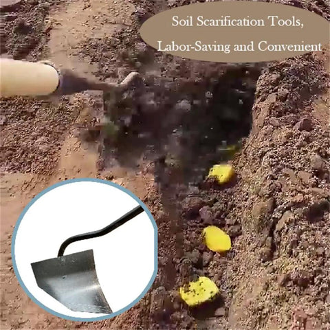 Workhorse Triangle Hoe Garden Tool with Hardened Steel Plow Head in use for soil scarification, labor-saving convenience shown.