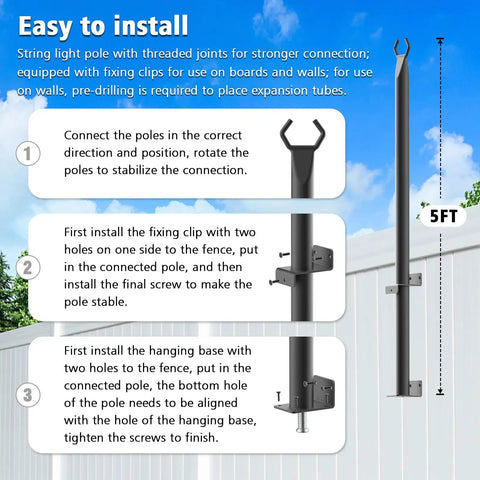Installation guide for 2 Pack 5 Ft String Light Poles For Outdoor Use Metal Poles Stand For Patio Backyard And Deck Weatherproof Galvanized Steel Construction Built To Withstand Wind Rain And Corrosion with visual steps and measurements.