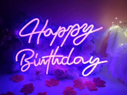 Lit LED Neon Sign Night Light For Wall Decor And Party Ideal For Bedroom Living Room Bar Wedding Home Birthday Christmas USB Powered 5V With Chain Light Modulator Energy Saving Acrylic Neon 16.1X11 Inches Happy Birthday design