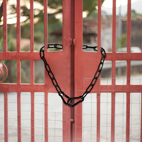 Stainless Steel Gate Chain Lock 20 Inch With Dual Carabiners installed on a red gate for outdoor security