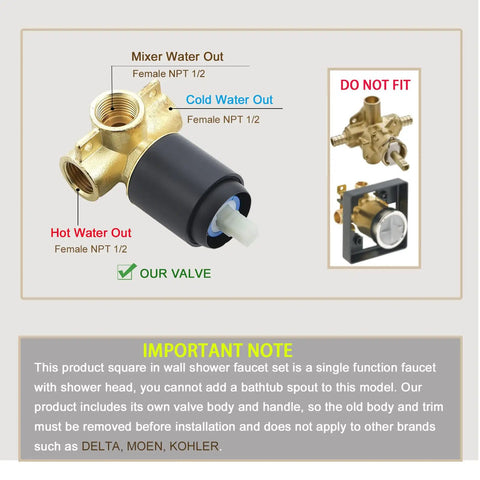 Diagram of rough-in valve, essential component of Ceiling Mount Rain Shower System With 10 Inch Square Head Matte Black Finish