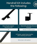 Built Tough Aluminum Handrail Grab Bar 12 Feet Long With Secure Mounting Brackets And Matte Black Powder Coated Finish Weather Resistant Kit components.