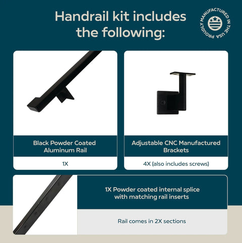 Built Tough Aluminum Handrail Grab Bar 12 Feet Long With Secure Mounting Brackets And Matte Black Powder Coated Finish Weather Resistant Kit components.