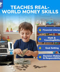 Child using Kid Friendly Mini ATM Piggy Bank With Code Lock, Electronic Digital Money Counter And LCD Display.