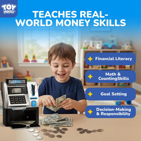Child using Kid Friendly Mini ATM Piggy Bank With Code Lock, Electronic Digital Money Counter And LCD Display.