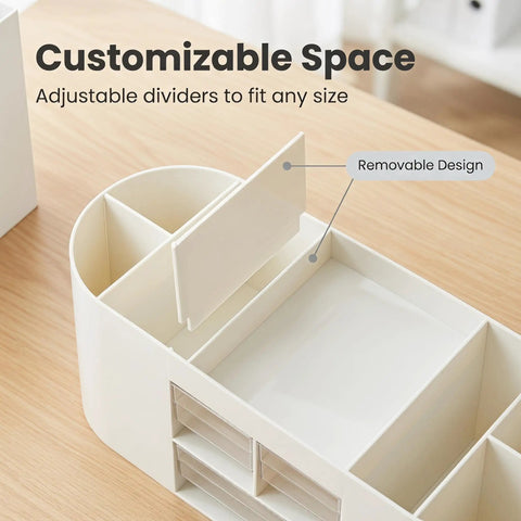 All In One Desk Organizer With Drawers For Office Supplies Storage White with customizable compartments and dividers shown