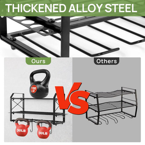 Comparison of Heavy Duty Pro Grade Power Tool Organizer Wall Mount Rack With 3 Layer Metal Drill Holder vs. thinner model.