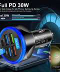Heavy Duty Plug And Go Usb Car Charger With Live Voltage Tracker And Pd 30W Quick Charge multiport adapter charging phone with display.