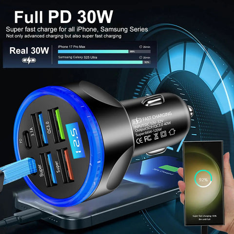 Heavy Duty Plug And Go Usb Car Charger With Live Voltage Tracker And Pd 30W Quick Charge multiport adapter charging phone with display.