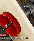 4-inch bi-metal hole saw with pilot drill bit, red color, cutting through plywood