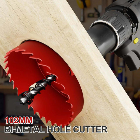 4-inch bi-metal hole saw with pilot drill bit, red color, cutting through plywood