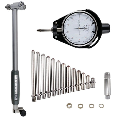 Front view of dial bore gauge set with 2–6" range, 0.001" resolution; carbide anvils, 12 extension rods, adapters.