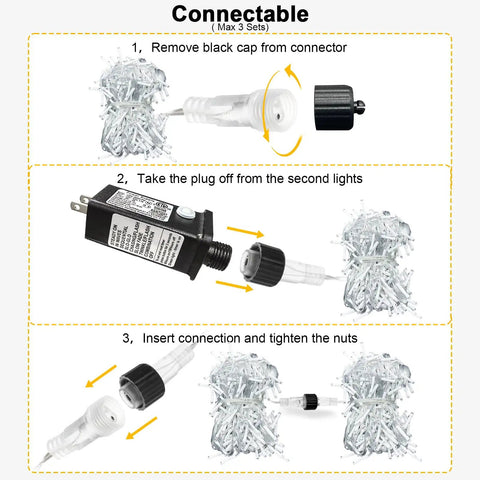 Green Outdoor Icicle Christmas Lights 33ft 400 LED With Connectable Clear Wire 8 Modes Timer Waterproof Plug In instruction steps