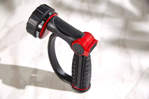 Side view of black 7 Pattern Watering Nozzle With Thumb Control For Backyard Bosses From Rainlike Shower To Powerful Jet