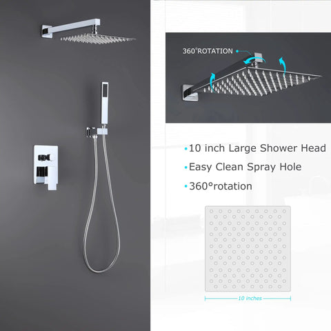 Shower Head And Handle Set Wall Mounted Brushed Nickel Luxury High Pressure Square Shower Head For Modern Bathroom Faucet Upgrade Chrome Finish With No Fuss Easy Install And Water Saving Features showing 10-inch size and 360-degree rotation.
