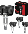 Dead On Fit Tire Pressure Monitoring System Sensors 315MHZ Direct OE Replacement Preprogrammed 4 Pack mounted on a silver valve stem.