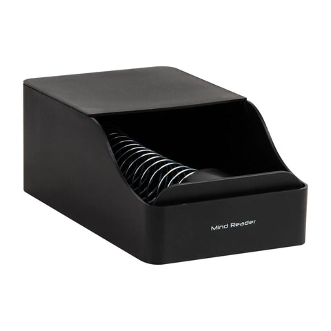 Compact black hot cup sleeve dispenser for coffee bar and kitchen organization, space-saving design, holds standard sleeves