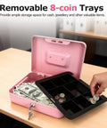 Open pink 8 inch cash box with money tray for valuables, heavy duty metal safe, lock box with key, five compartment cash tray and coin drawer.
