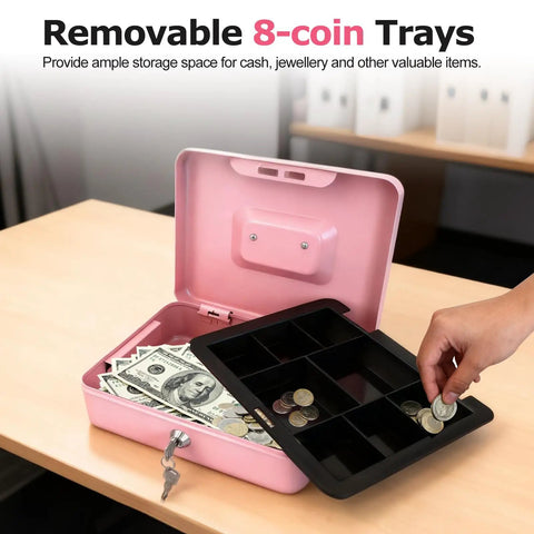Open pink 8 inch cash box with money tray for valuables, heavy duty metal safe, lock box with key, five compartment cash tray and coin drawer.