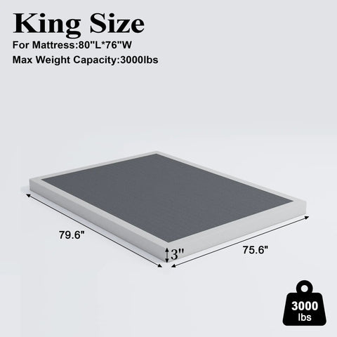 King Size Low Profile Box Spring Heavy Duty Metal Bed Base With Beefed Up Steel Frame And Easy Snap Together Setup For Ultimate Premium Sleep Quality, 3 inch thick, 3000 lbs capacity.